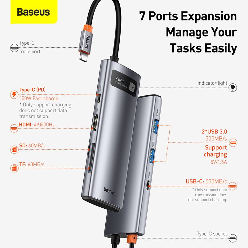 Baseus 7-in-1 Type-C HUB Star Joy Series Multifunctional Docking Station Gray- 1 Year Warranty
