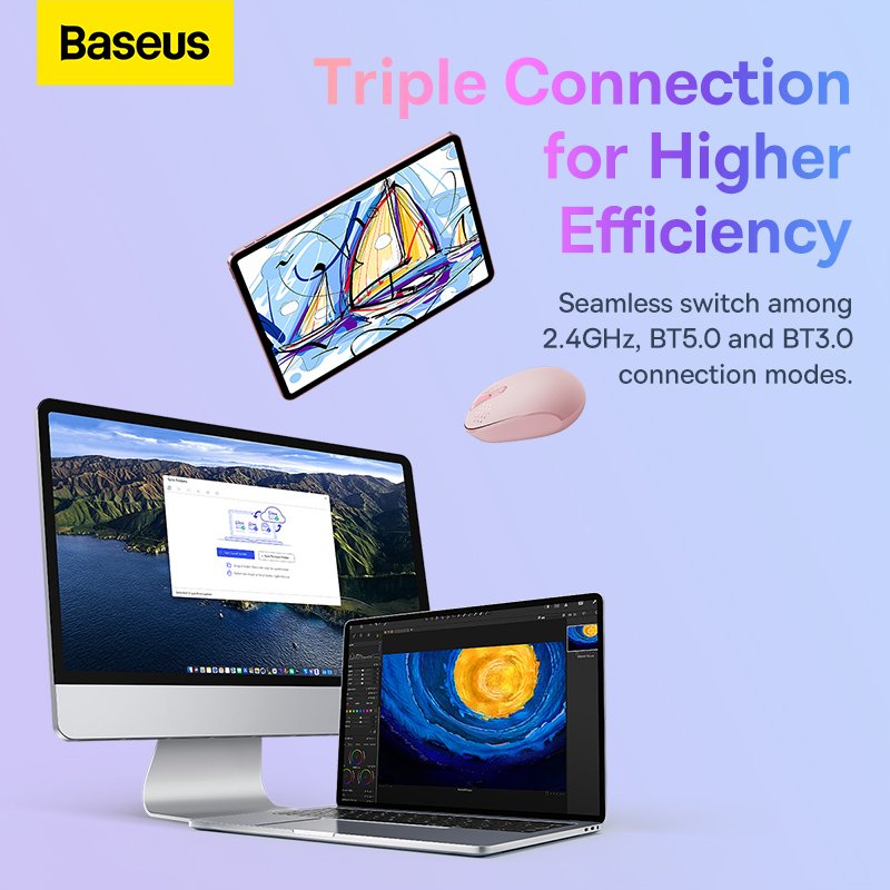 Baseus F01B Creator Tri-Mode Bluetooth & Wireless Mouse Baby Pink – B01055501412-00- 1 Year Warranty