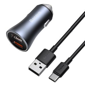 Baseus U+U 40W Golden Contactor Pro Dual Quick Charger Car Charger With Baseus Simple wiring USB For Type-C 5A 1.0m Dark Gray – 1 Year Warranty