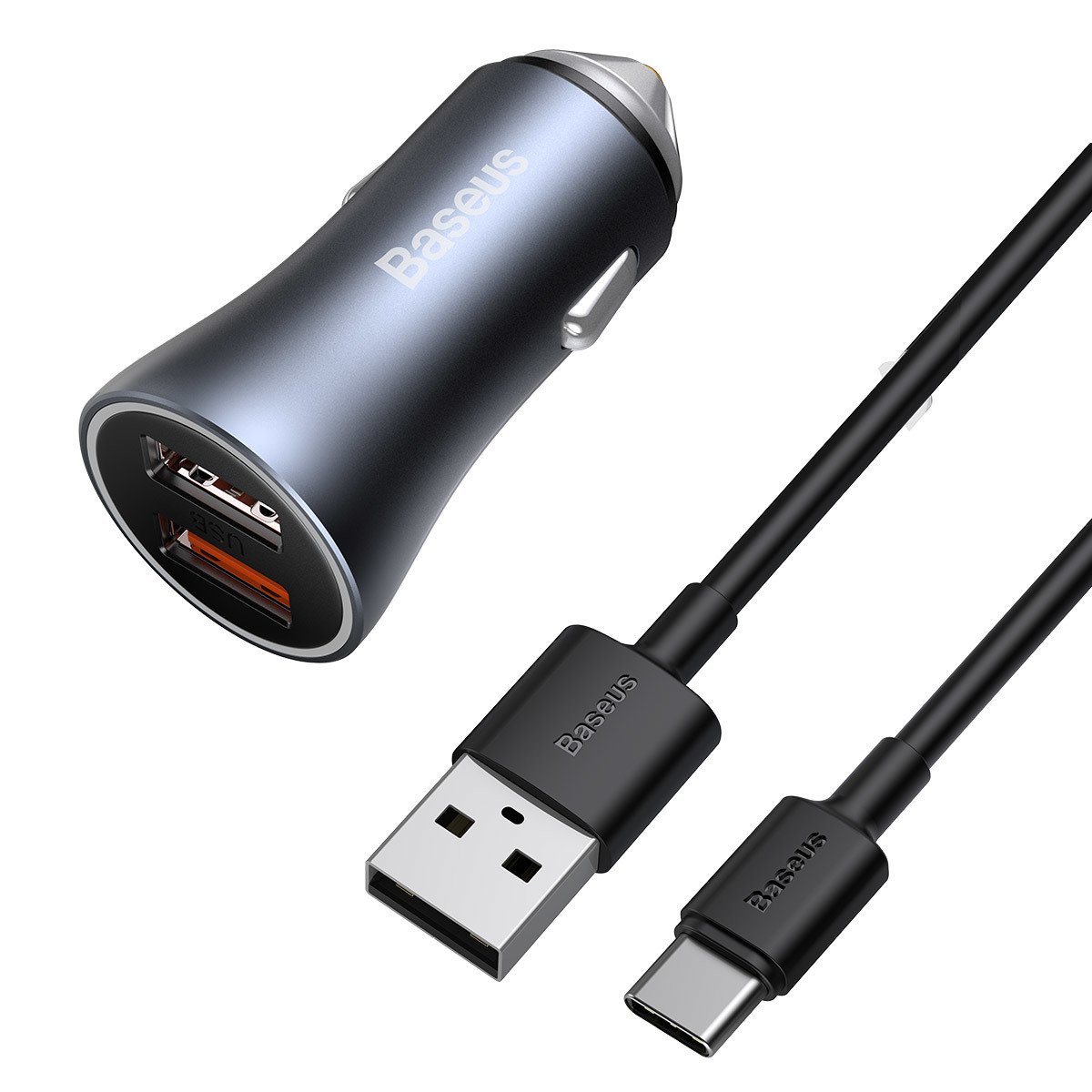 Baseus U+U 40W Golden Contactor Pro Dual Quick Charger Car Charger With Baseus Simple wiring USB For Type-C 5A 1.0m Dark Gray – 1 Year Warranty