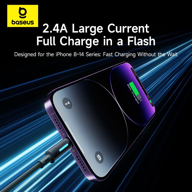 Baseus 1 Meter Lit Button-Control USB to Lightning 2.4A Fast Charging Data Cable – Cosmic Black – 1 Year Warranty