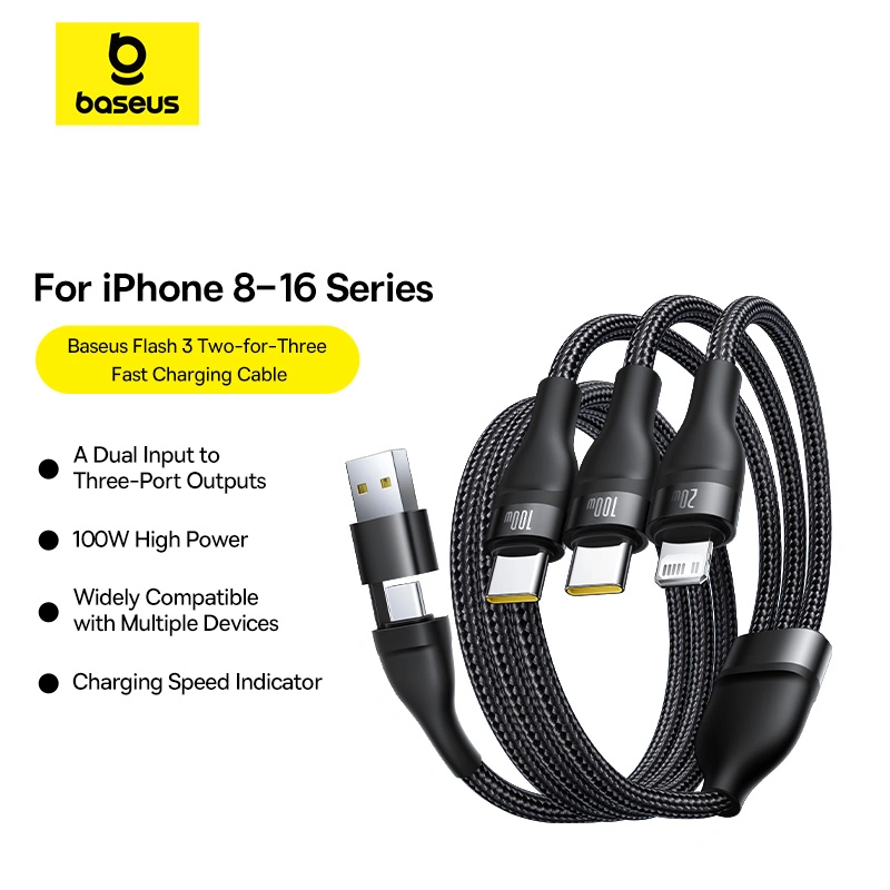 Baseus 1.5Meter Flash Series 3 Two-for-three U+C to C+C+L 100W Fast Charging Cable – Cluster Black – P10377501111-00 – 1 Year Warranty