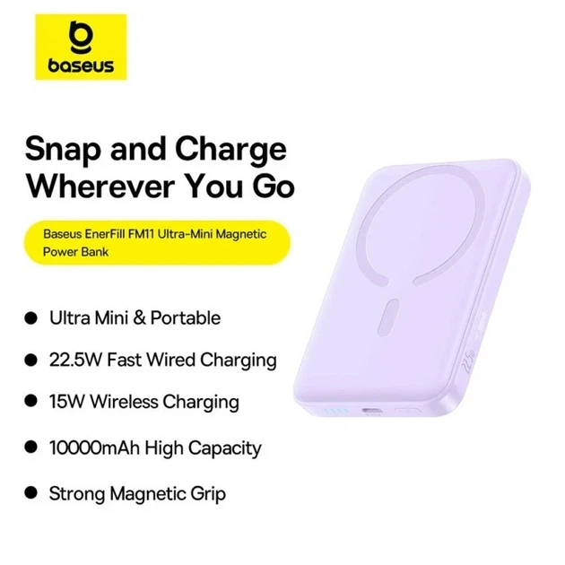 Baseus 10000mAh 22.5W EnerFill FM11 Ultra-Mini Magnetic Power Bank – Nebula Purple – 1 Year Warranty