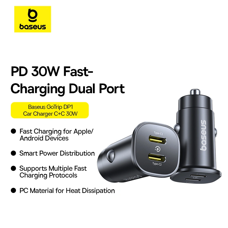 Baseus 30W GoTrip Car Charger – Type-C + Type-C, Cosmic Black C00072300123-01 – 1 Year Warranty