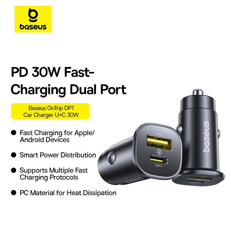 Baseus 30W GoTrip Car Charger Type – C+USB – Cosmic Black – 1 Year Warranty