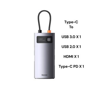 Baseus 4-in-1 Star Joy Series Multifunctional Type-C HUB Docking Station Gray (Type C to USB 3.0*1, 2.0*1 / HDMI *1 / Type C PD *1)- CAHUB-CY0G- 1 Year Warranty – 1 Year Warranty