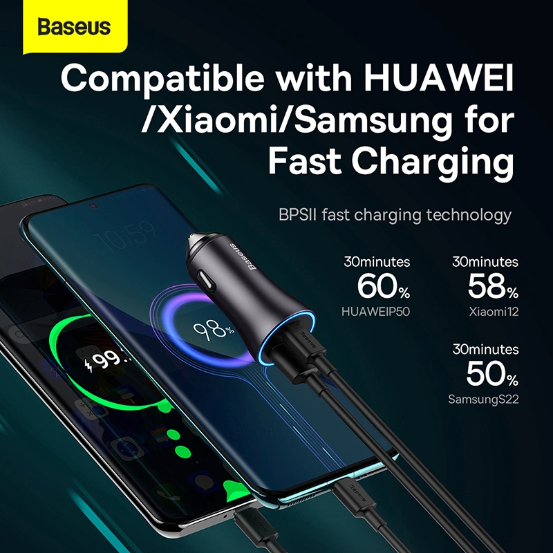 Baseus 60W Golden Contactor Max Dual Fast Car Charger – USB + Type-C (Dark Gray) – 1 Year Warranty
