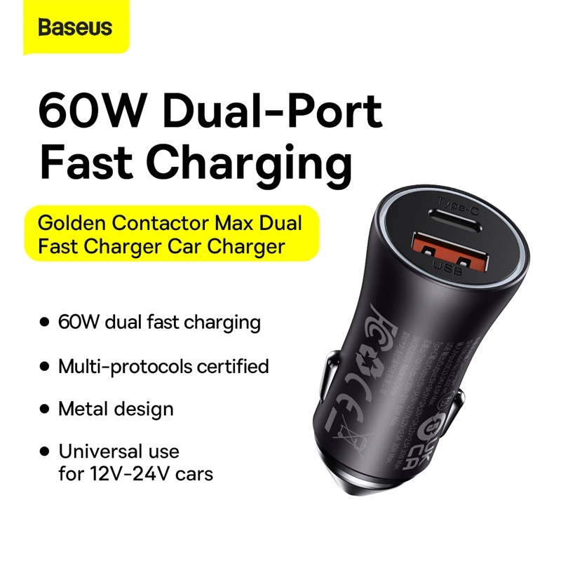 Baseus 60W Golden Contactor Max Dual Fast Car Charger – USB + Type-C (Dark Gray) – 1 Year Warranty