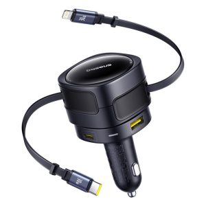 Baseus Enjoyment Max Car Charger C+L Cables & U+C Ports 90W Cosmic Black – 1 Year Warranty
