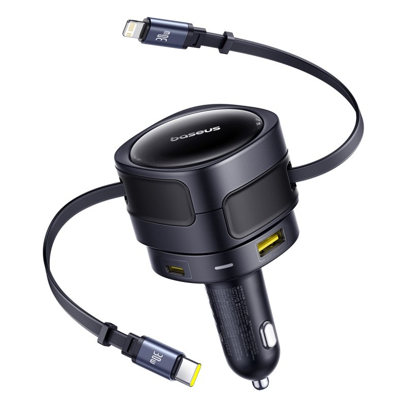 Baseus Enjoyment Max Car Charger C+L Cables & U+C Ports 90W Cosmic Black – 1 Year Warranty