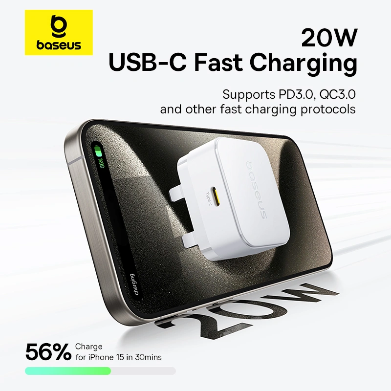 Baseus Palm 20W UK Pin Type-C Fast Charger with Type-c to Type-c 60W Cable – 1 Year Warranty