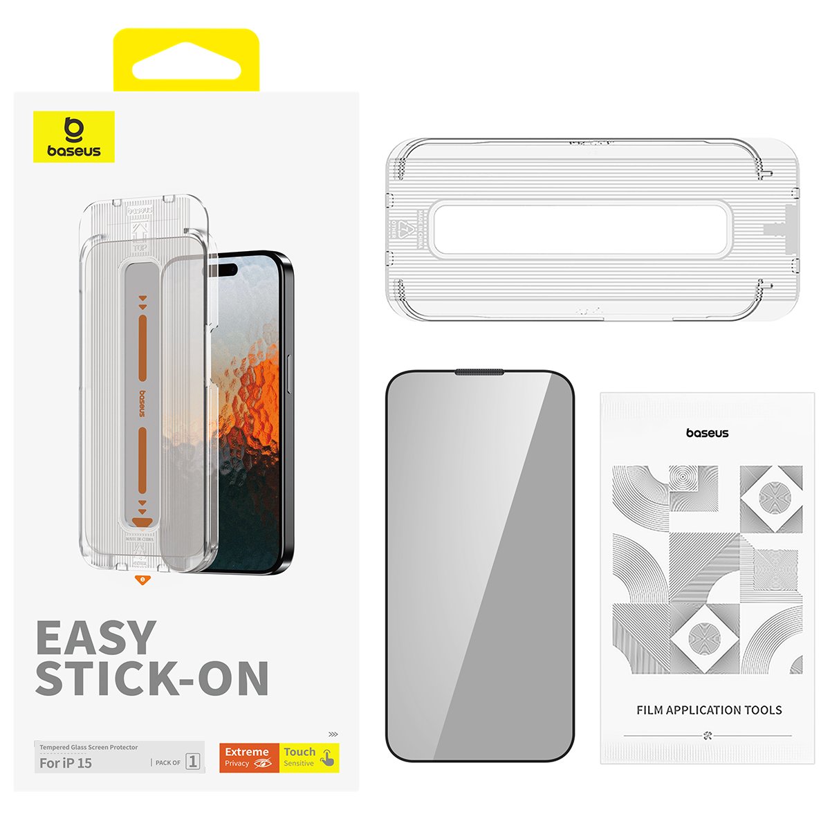 Baseus iPhone 15/16 Privacy Protection Tempered Glass (with Built-in Dust Filter) – Sapphire Series