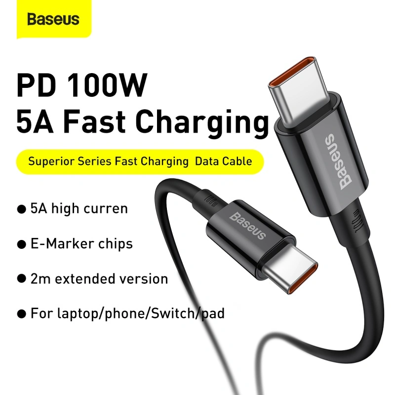 Baseus 1 Meter 100W Superior Series Fast Charging Data Cable Type-C to Type-C Black – 1 Year Warranty