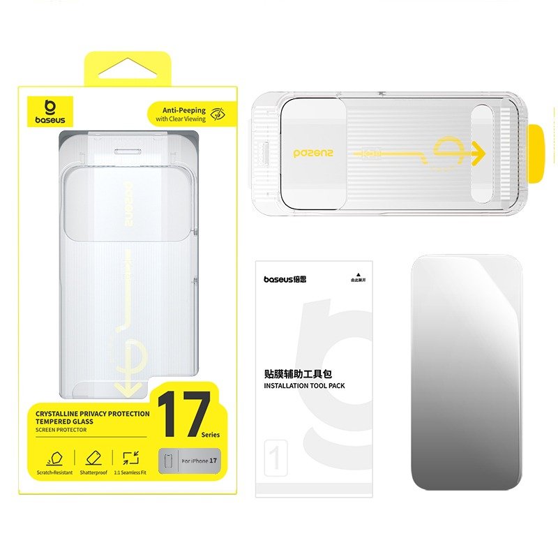 Baseus iPhone 17 Crystalline Privacy Protection Tempered Glass Screen Protector for with Dustproof Installation Tray Clear