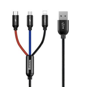 Baseus Three Primary 30CM Short USB to M+L+C Nylon Braid 3.5A Cable- 1 Year Warranty – 1 Year Warranty