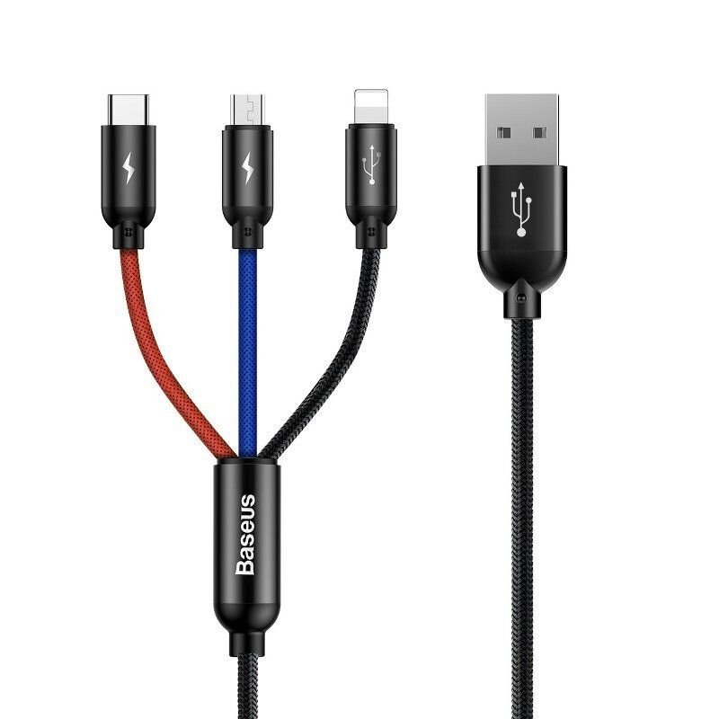 Baseus Three Primary 30CM Short USB to M+L+C Nylon Braid 3.5A Cable- 1 Year Warranty – 1 Year Warranty