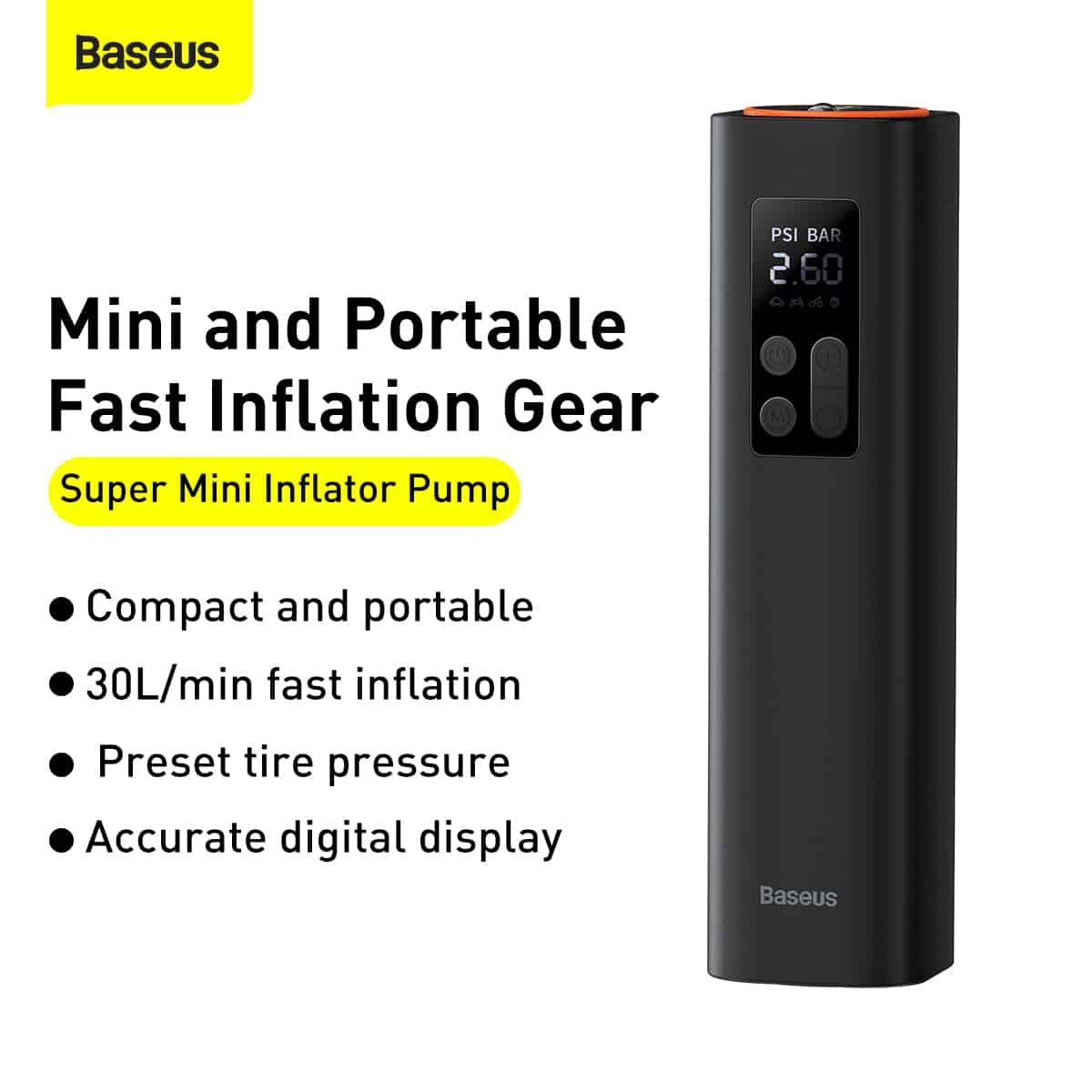 Baseus Super Mini Inflator Pump – Black- 1 Year Warranty – 1 Year Warranty