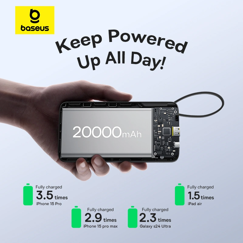 Baseus 20000mAh 20W Bipow 2 Digital Display Power Bank with Built-in Type-C Cable – Cluster Black – 1 Year Warranty