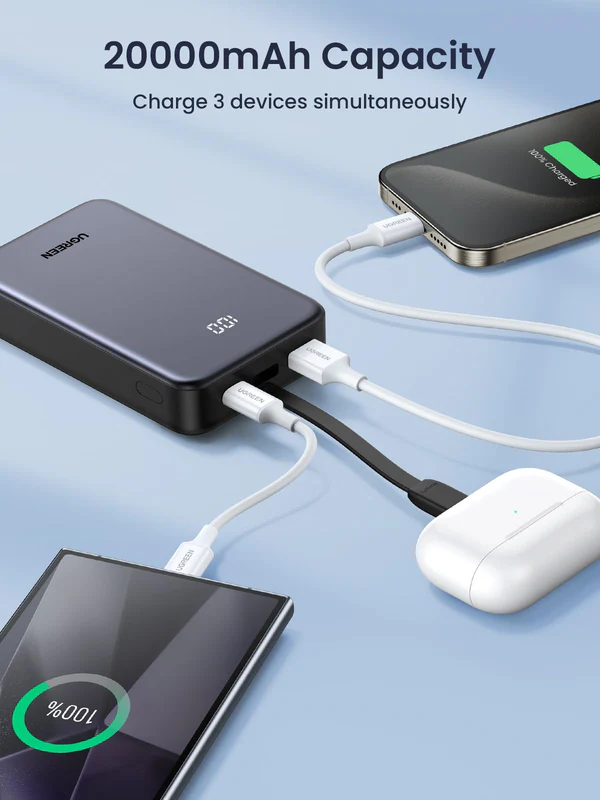 UGREEN 20000mAh 20W Power Bank with Integrated Type-C Cable – PB505 – 45762 – 18 Months Warranty