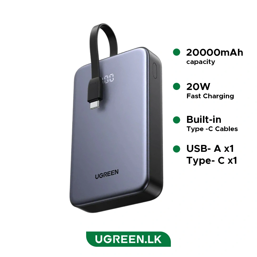 UGREEN 20000mAh 20W Power Bank with Integrated Type-C Cable – PB505 – 45762 – 18 Months Warranty