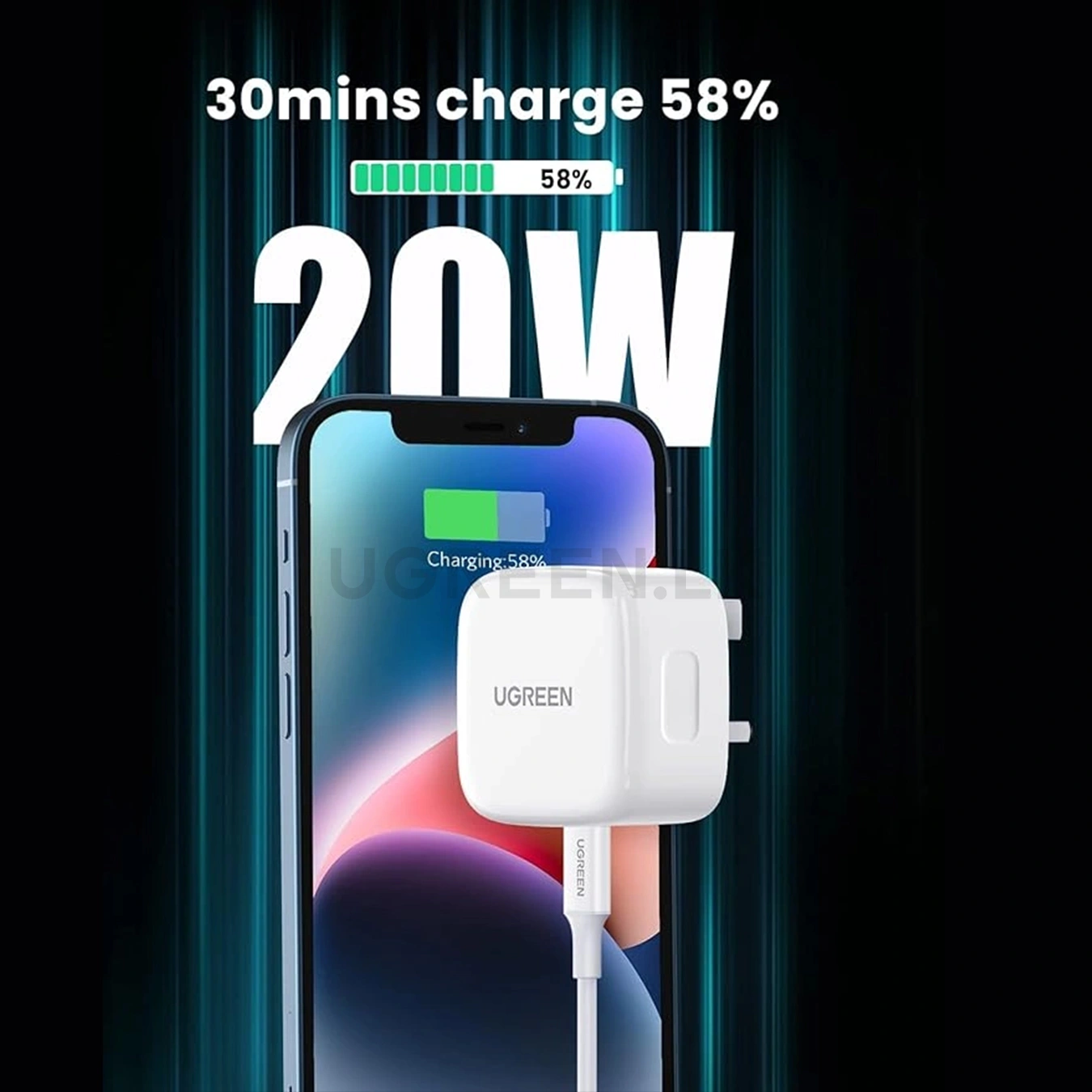 UGREEN 20W Type-C GaN Fast Charging Adapter UK (White)- CD137 – 60451 – 18 Months Warranty