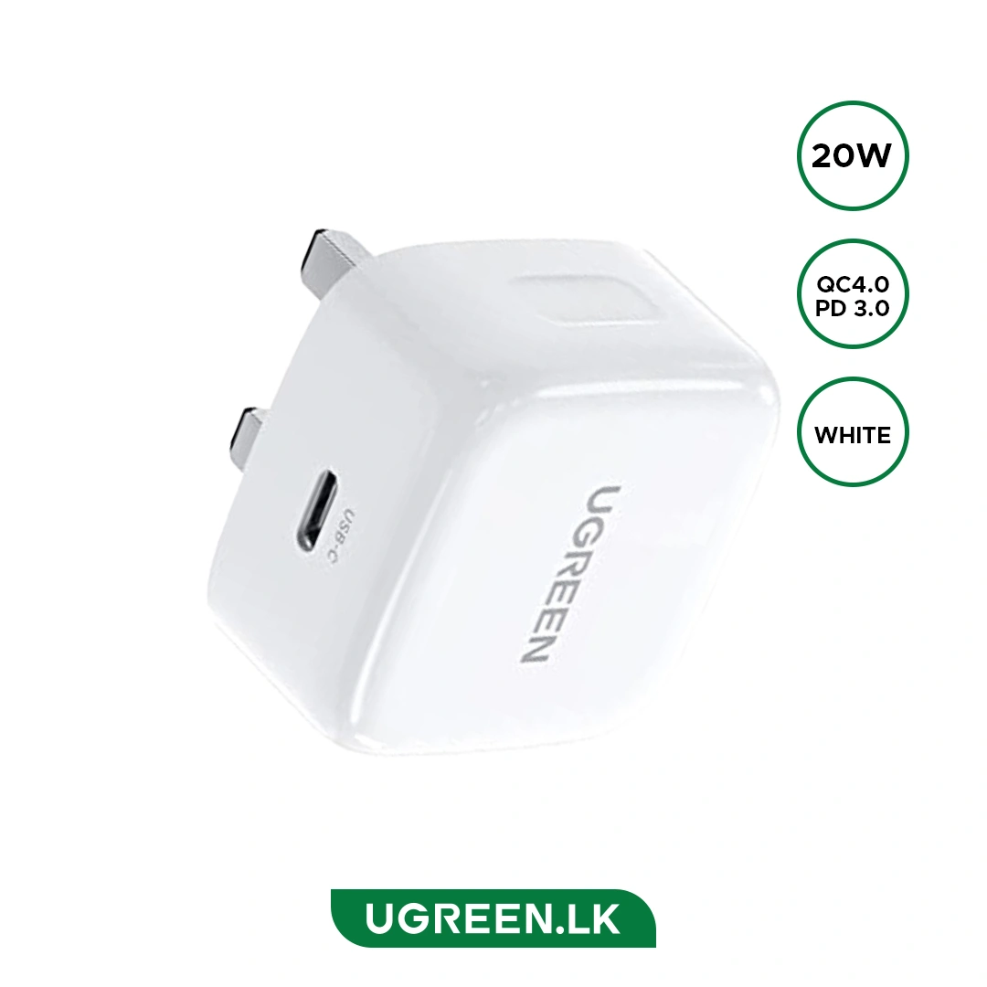 UGREEN 20W Type-C GaN Fast Charging Adapter UK (White)- CD137 – 60451 – 18 Months Warranty