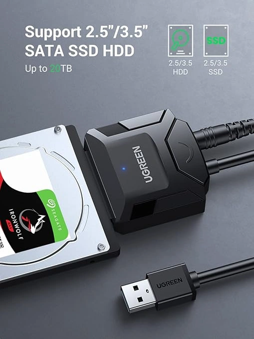 UGREEN USB to SATA Hard Drive Converter Cable for 2.5” and 3.5” (with Charging Adapter) – CR108 – 20611 – 18 Months Warranty