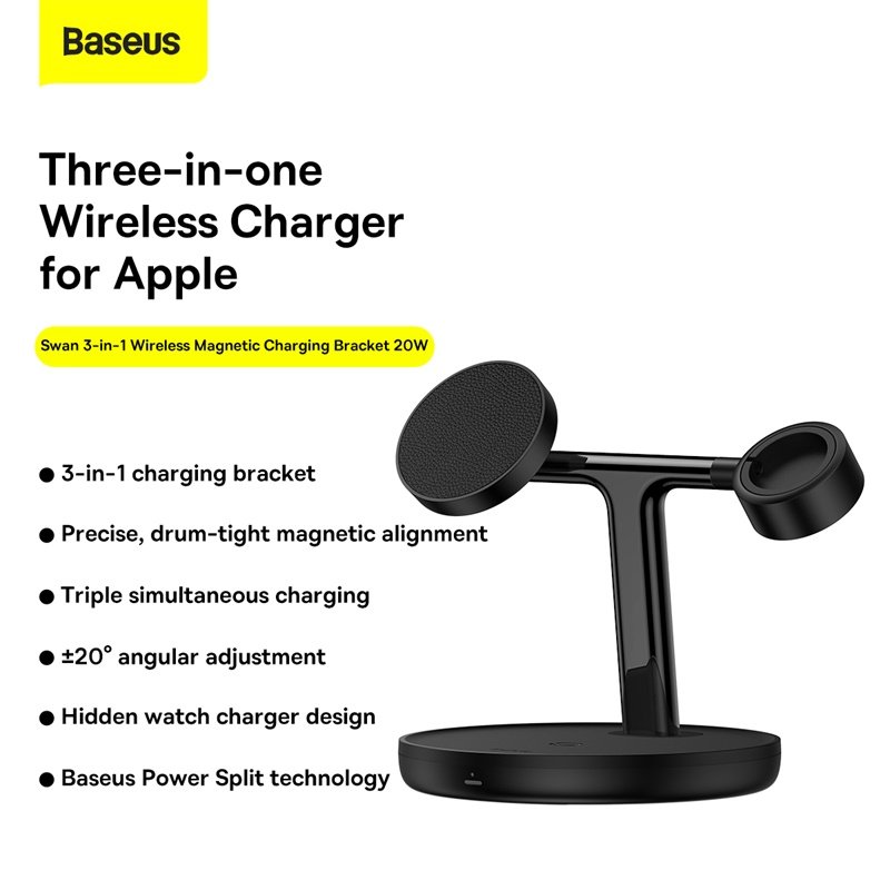 Baseus 20W Swan 3-in-1 Wireless Magnetic Charging Bracket Black- WXTE000101- 1 Year Warranty – 1 Year Warranty