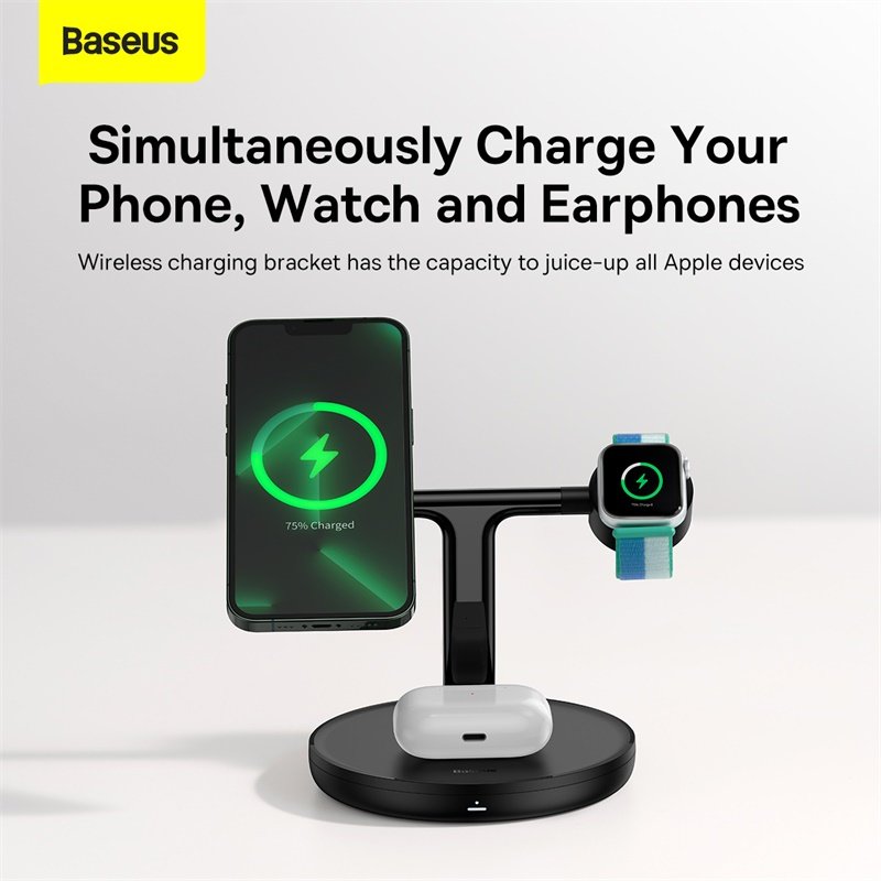 Baseus 20W Swan 3-in-1 Wireless Magnetic Charging Bracket Black- WXTE000101- 1 Year Warranty – 1 Year Warranty