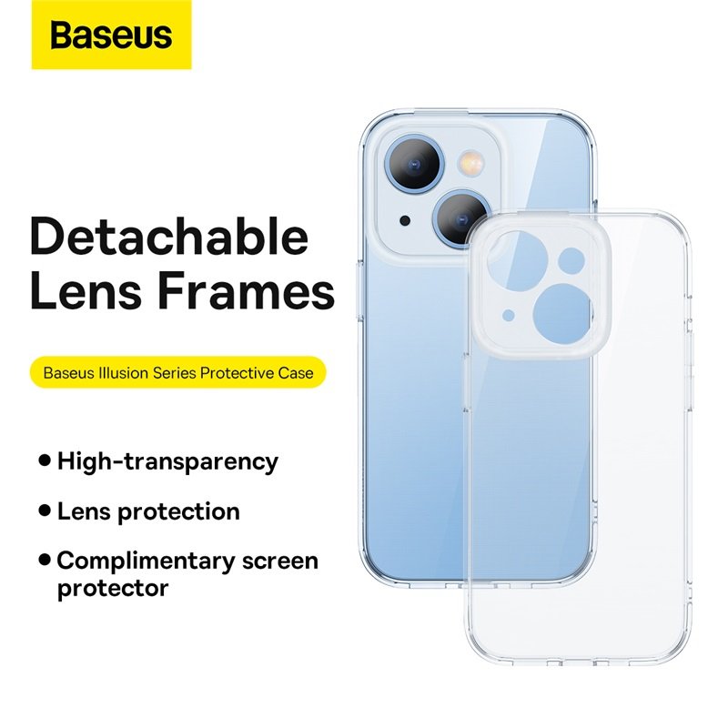 Baseus Illusion Series iP 14 Plus Protective Case for (With clear/Black/Blue/Purple Camera Lens Frames and Full Coverage Tempered Glass Screen Protector and Cleaning kit)- ARHJ010002