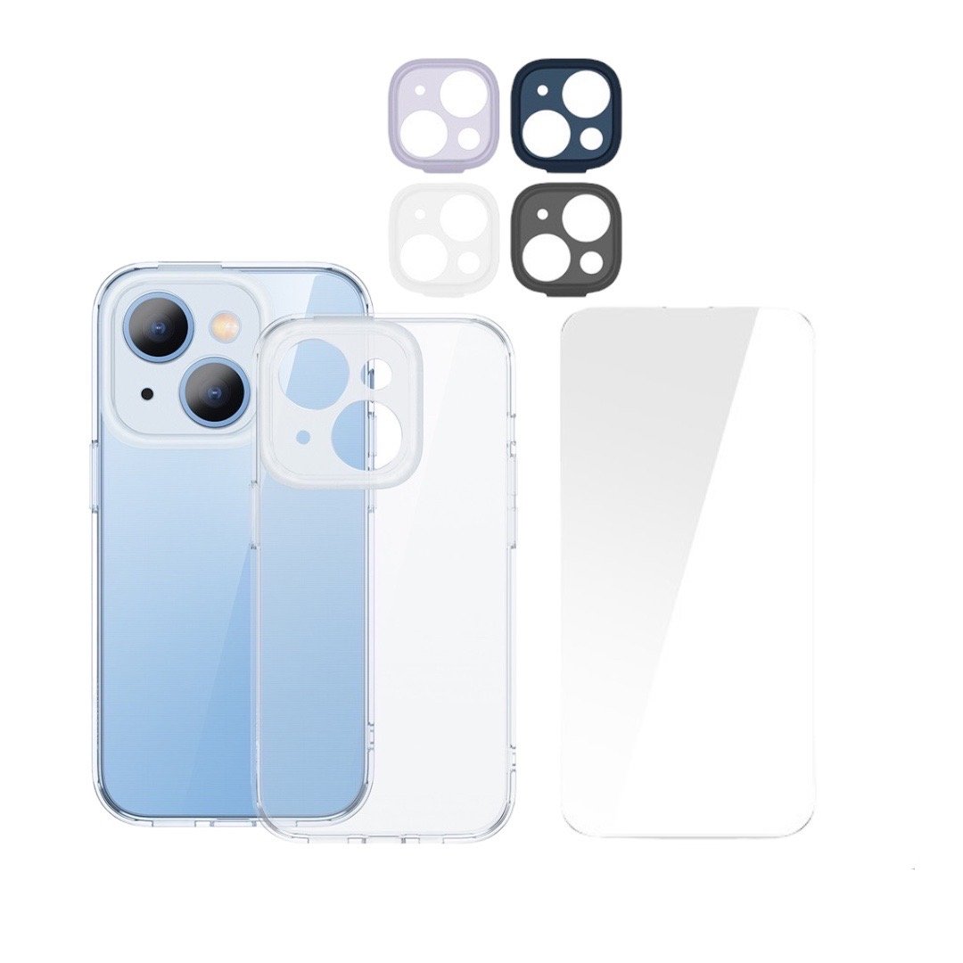 Baseus Illusion Series iP 14 Plus Protective Case for (With clear/Black/Blue/Purple Camera Lens Frames and Full Coverage Tempered Glass Screen Protector and Cleaning kit)- ARHJ010002