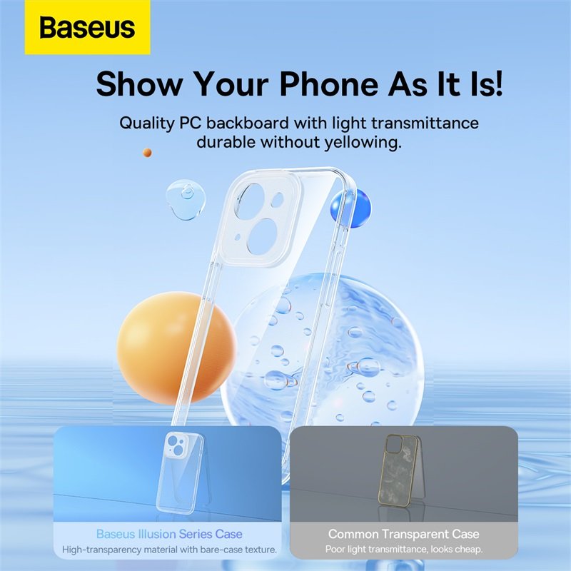 Baseus Illusion Series iP 14 Plus Protective Case for (With clear/Black/Blue/Purple Camera Lens Frames and Full Coverage Tempered Glass Screen Protector and Cleaning kit)- ARHJ010002