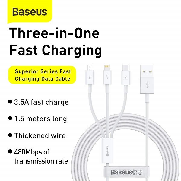 Baseus Superior Series 1.5 Meter USB to M+L+C 3.5A Cable – 1 Year Warranty