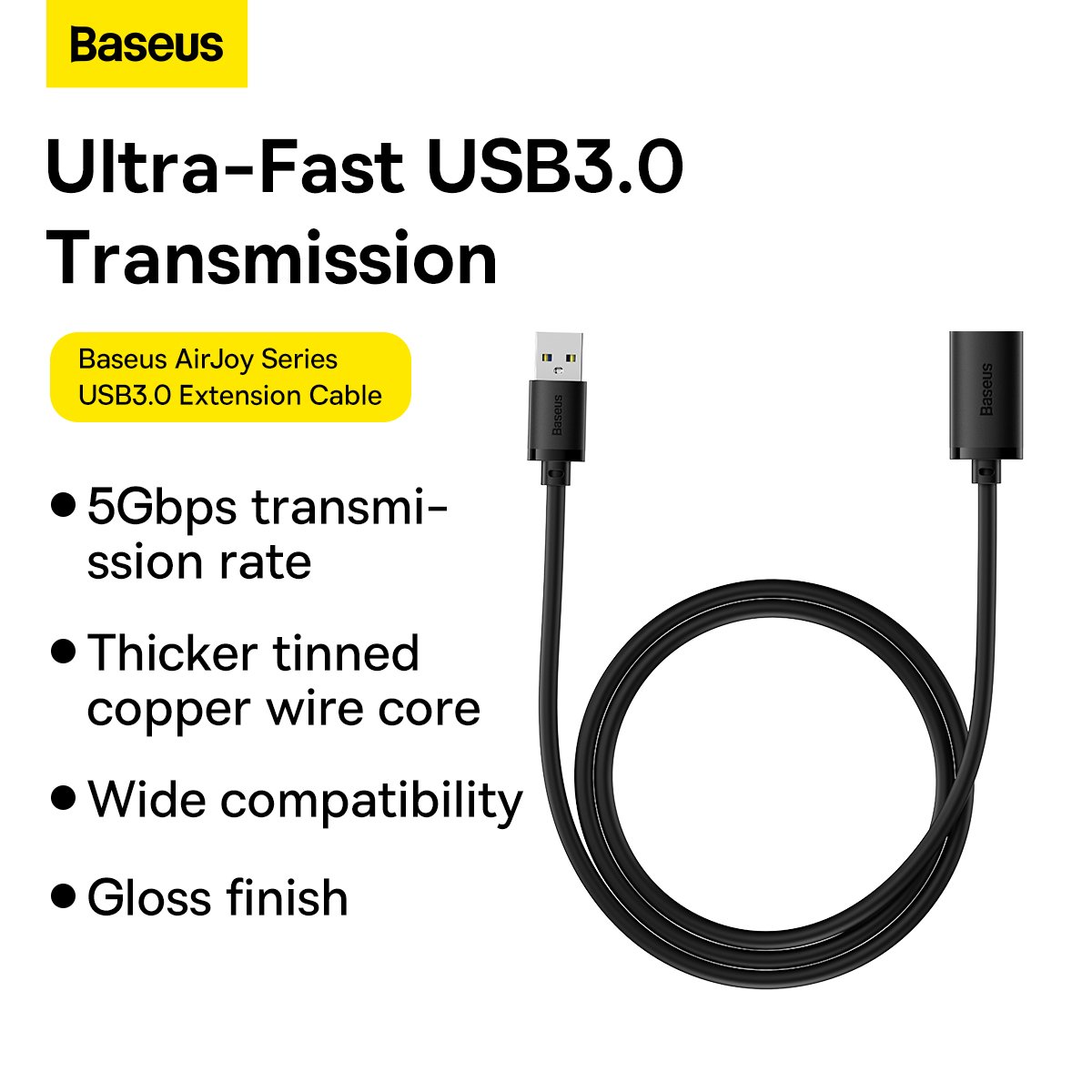 Baseus 5m AirJoy Series USB3.0 Extension Cable Cluster Black – B00631103111-05- 1 Year Warranty