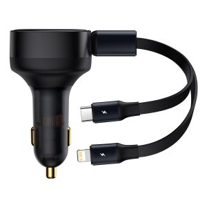 Baseus Enjoyment Retractable 2-in-1 Car Charger C+L 30W Black – CGTX000001- 1 Year Warranty