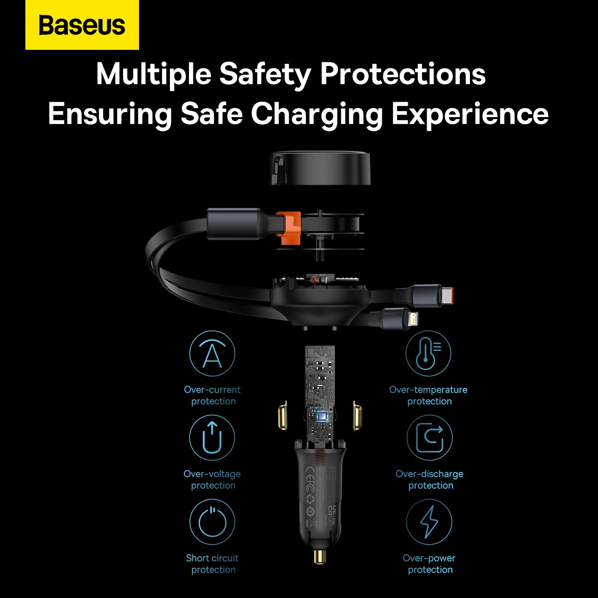 Baseus Enjoyment Retractable 2-in-1 Car Charger C+L 30W Black – CGTX000001- 1 Year Warranty