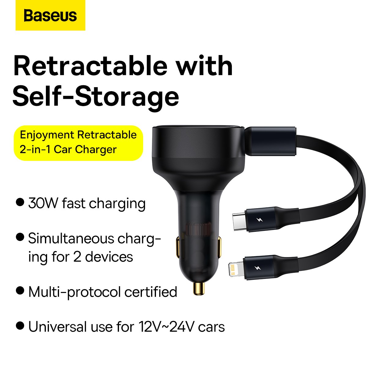 Baseus Enjoyment Retractable 2-in-1 Car Charger C+L 30W Black – CGTX000001- 1 Year Warranty