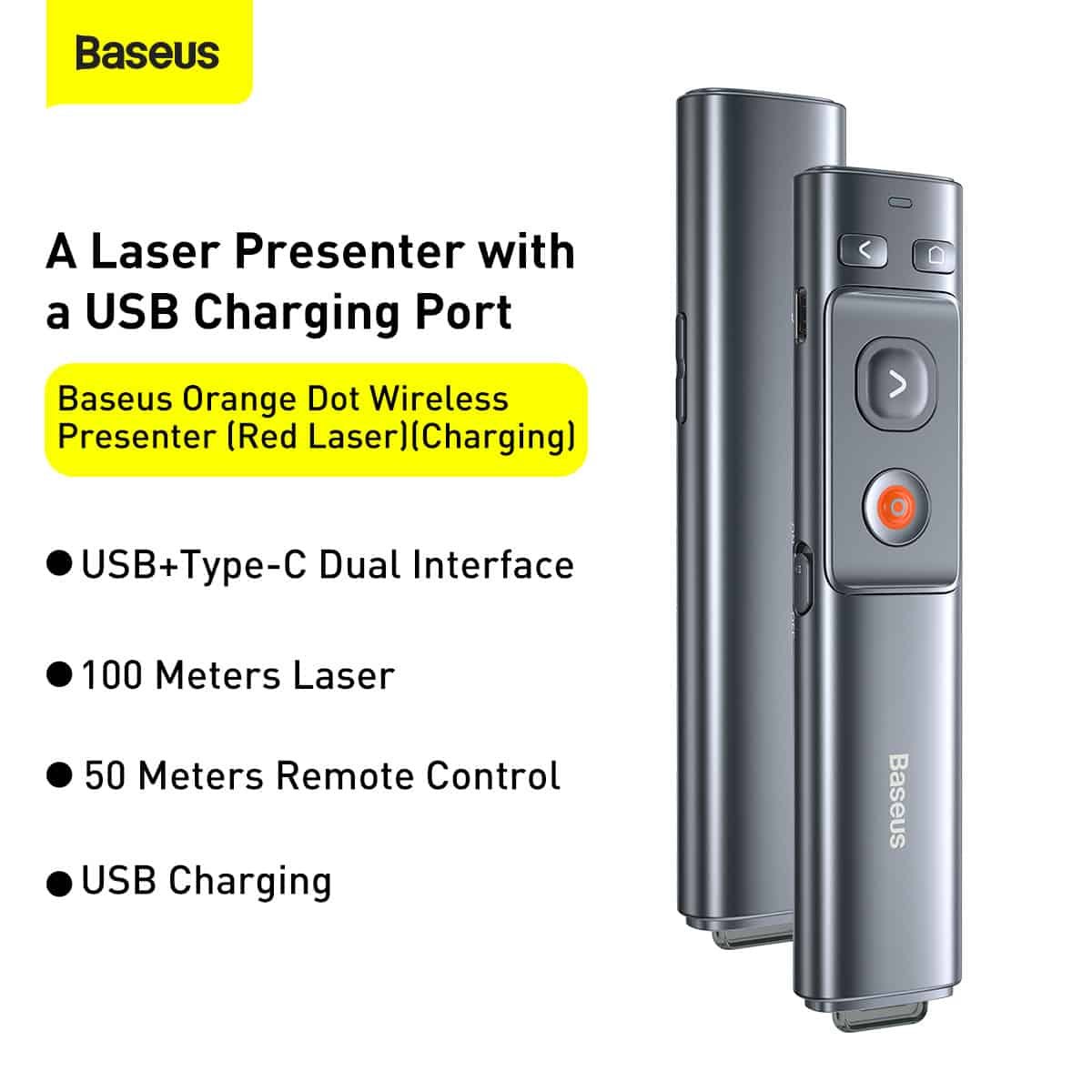 Baseus Orange Dot Rechargeable Wireless Presenter (Red Laser) Grey – WKCD000013- 1 Year Warranty